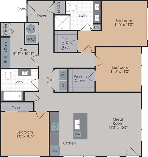 Floor plan for 3 beds, 2 baths, 1215 sqft